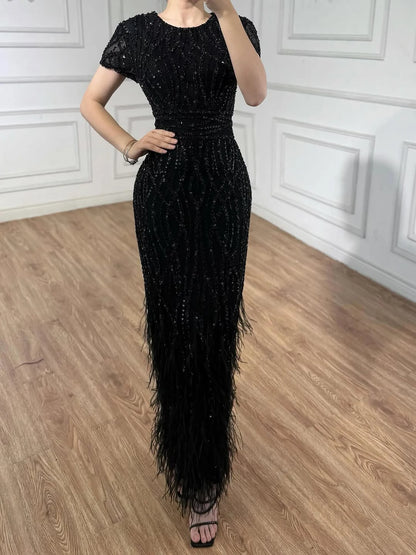 White Nude Ankle Length Beaded Evening Dress with Feathers LA72076A