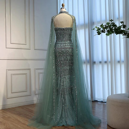 Luxury Turquoise Beaded Evening Dress with Detachable Cape LA72714B