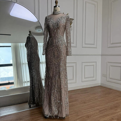 Luxury Silver Nude Beaded Mermaid Evening Dress LA73083