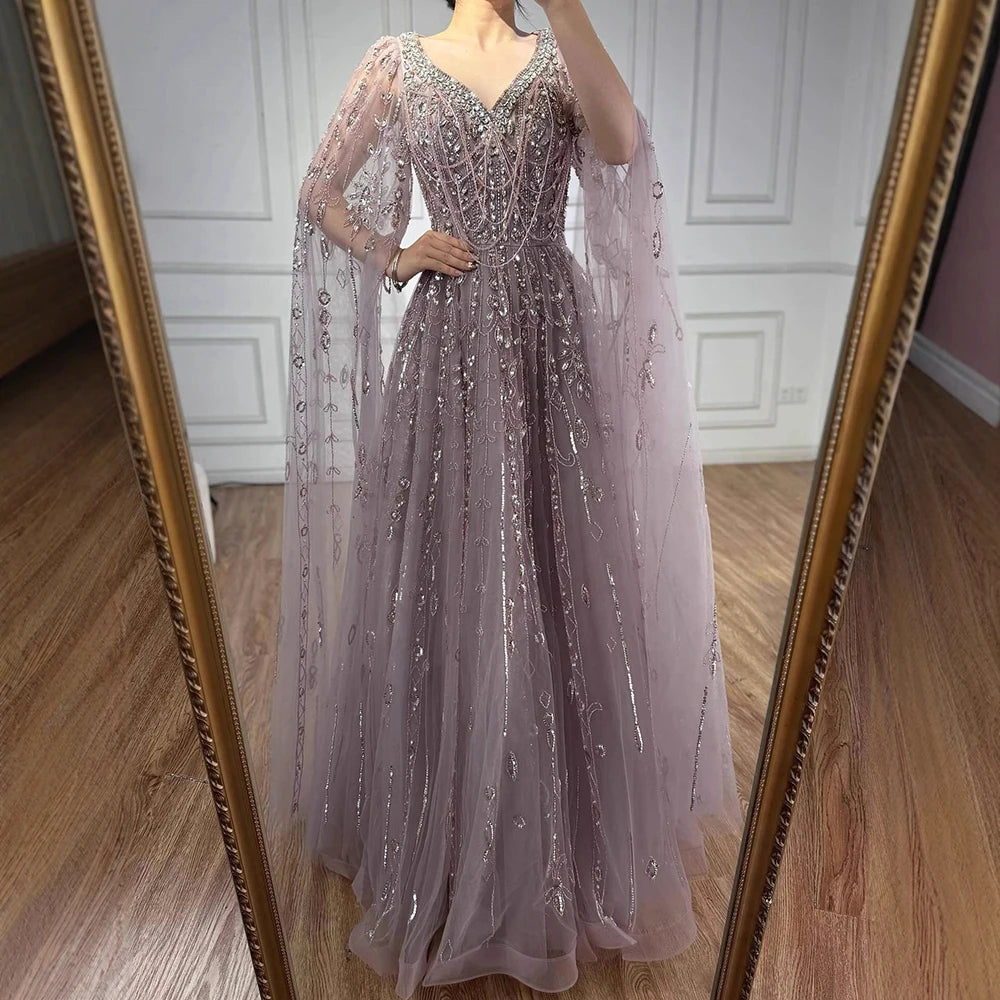 Luxury Nude Beaded Evening Dress with Cape Sleeves for Formal Occasion LA72764A
