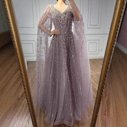 Luxury Nude Beaded Evening Dress with Cape Sleeves for Formal Occasion LA72764A