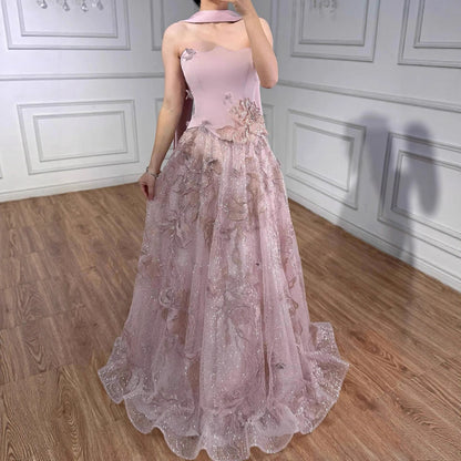 فستان سهرة فاخر وردي اللون مكون من قطعتين بتصميم A-Line مع كاب LA73415