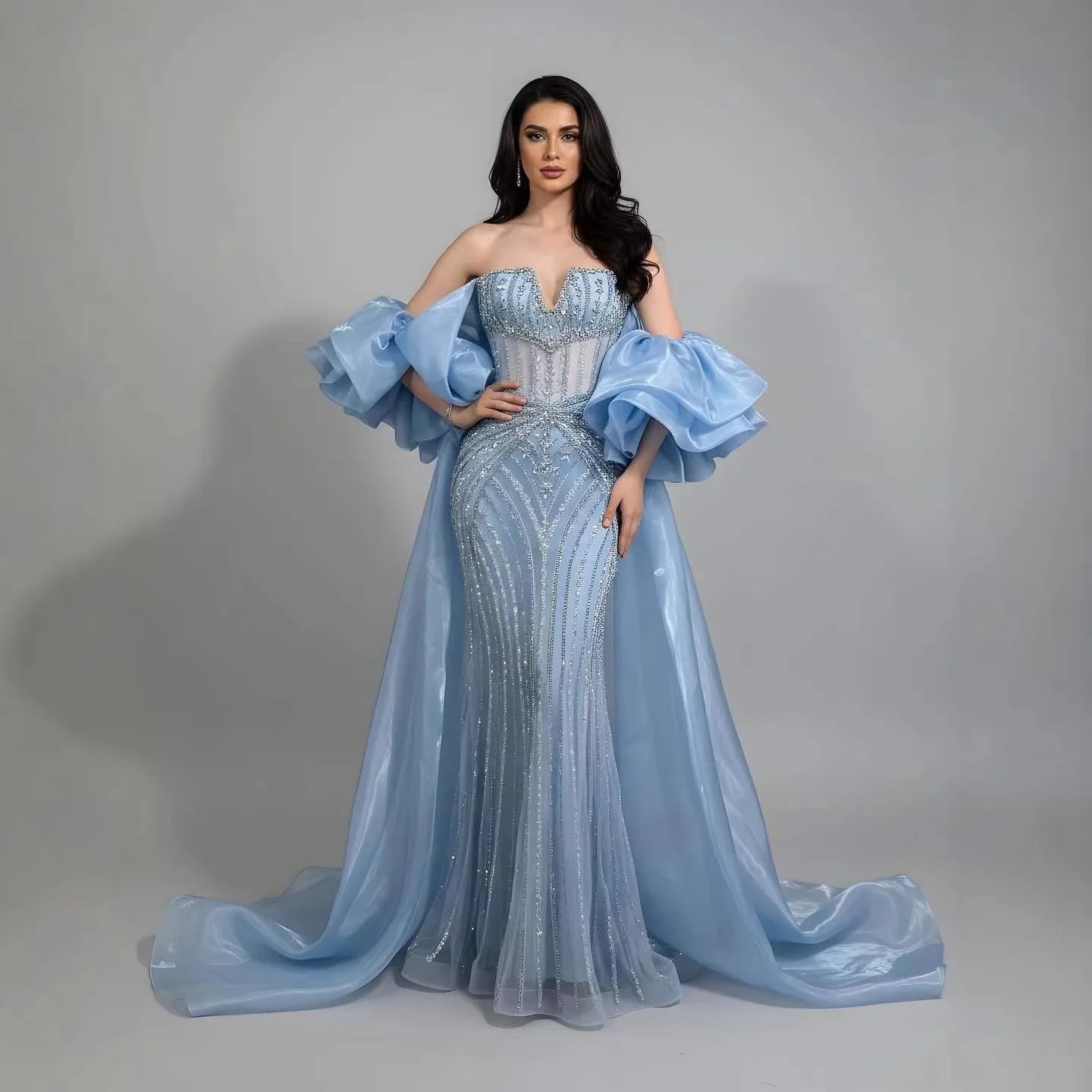 Luxury Light Blue Diamond Evening Dress With Ruffle Cape LA73141