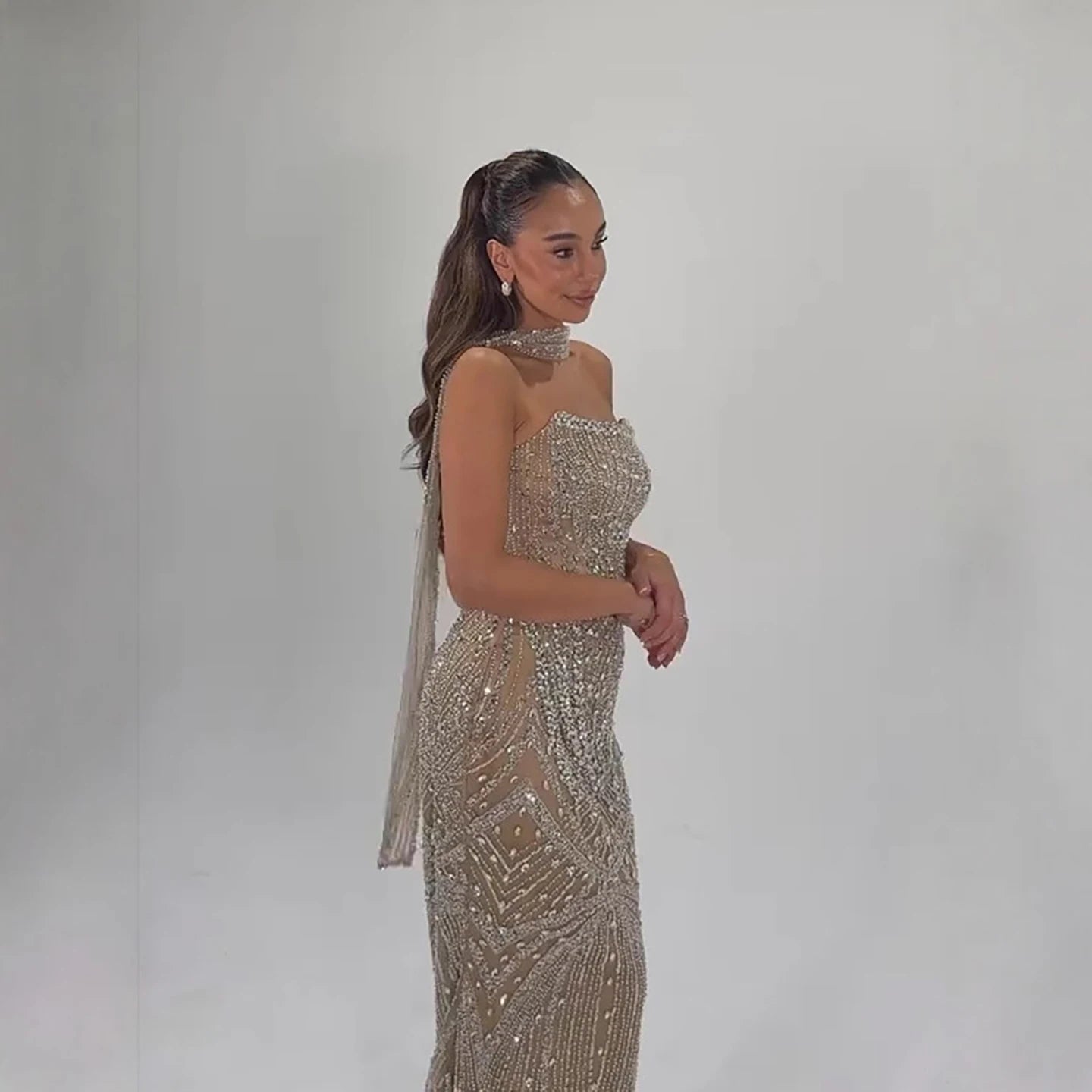 Luxury Arabic Nude Crystal Beaded Mermaid Evening Dress with Jacket LA73376