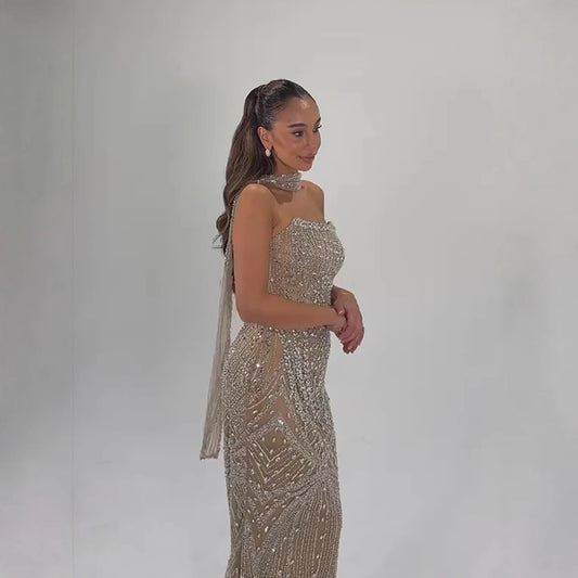 Luxury Arabic Nude Crystal Beaded Mermaid Evening Dress with Jacket LA73376