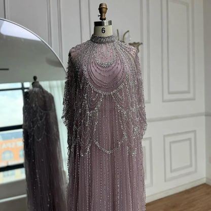 Luxury Silver Nude Beaded Mermaid Evening Dress with Cape LA72484A