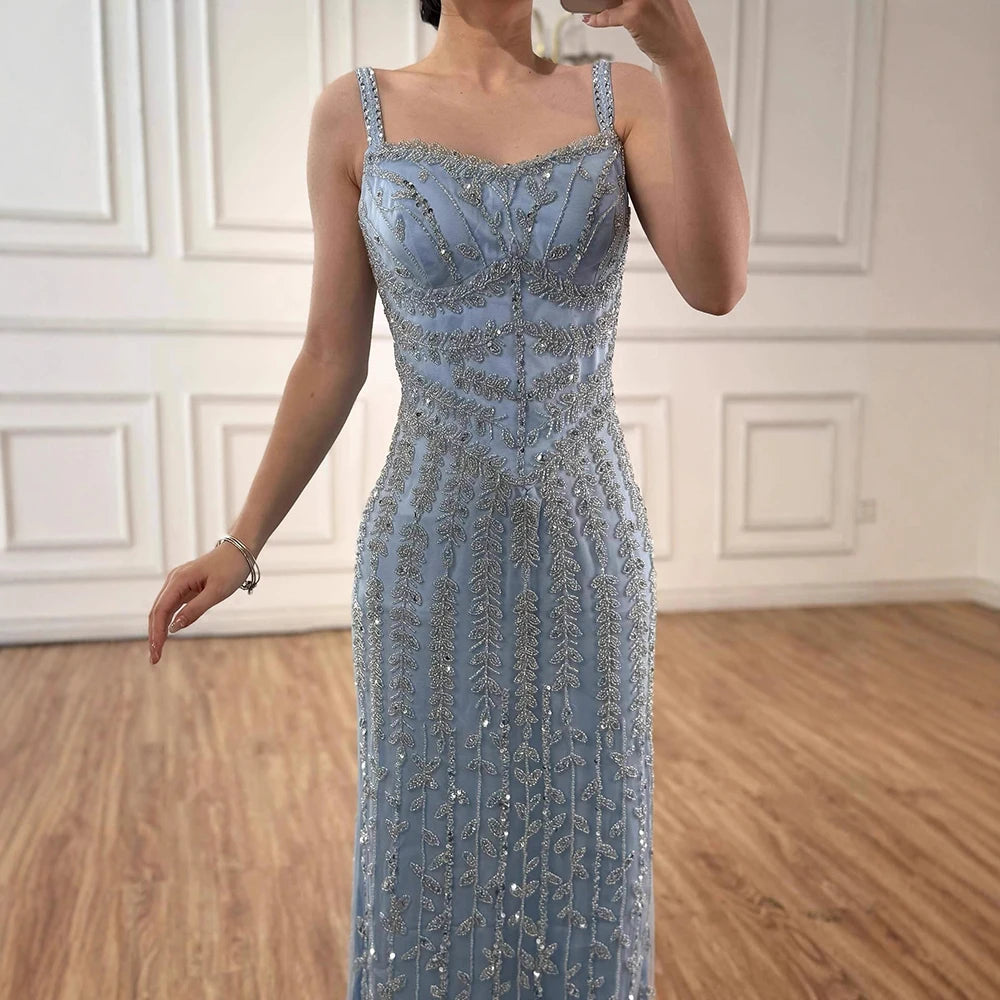 Luxury Arabic Blue Spaghetti Strap Mermaid Evening Dress Beaded LA72725