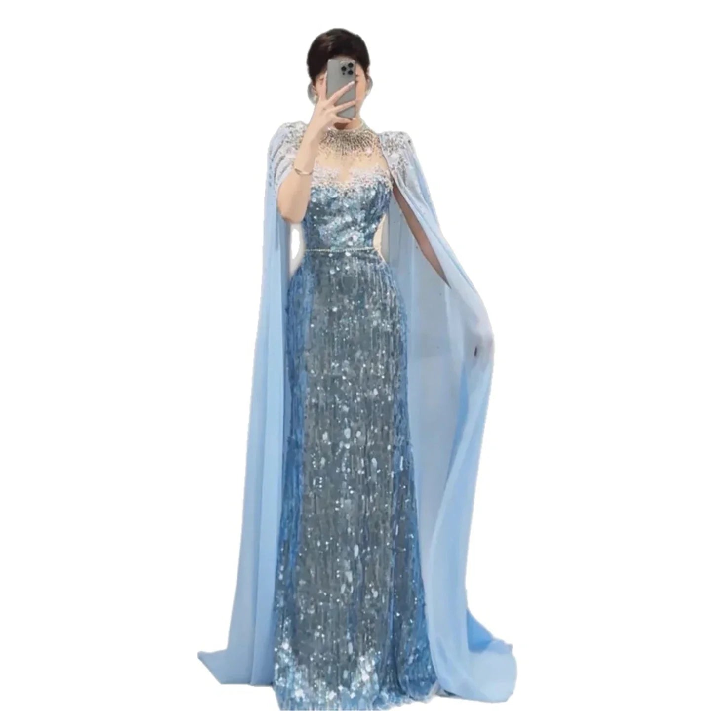 Luxury Dubai Blue Mermaid Evening Dress with Cape LA73419