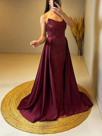 Luxury Wine Red Crystal Beaded Elegant Evening Dress with Overskirt LA72032Q