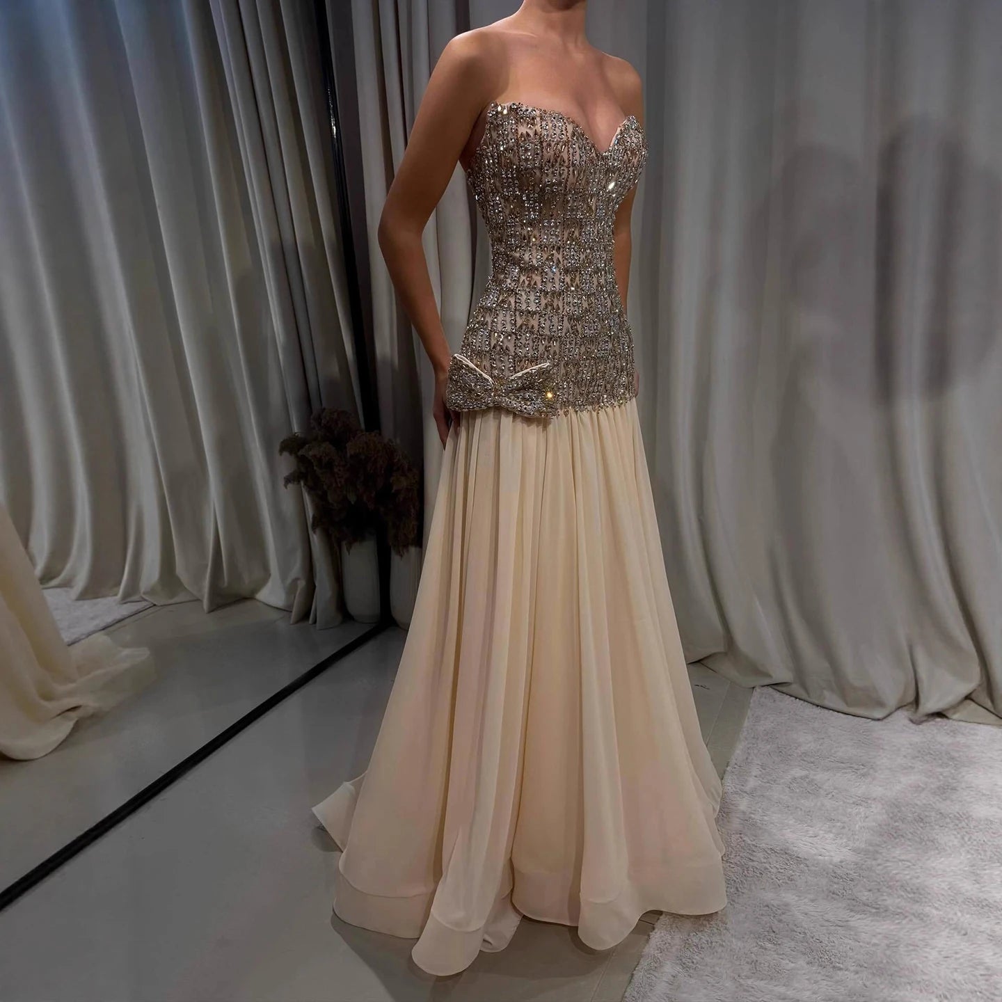 Luxury Champagne A-Line Crystal Beaded Evening Dress LA73361