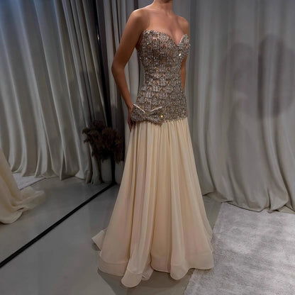 Luxury Champagne A-Line Crystal Beaded Evening Dress LA73361