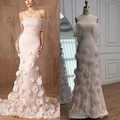 Elegant pink 3D flower off-shoulder evening dress LA72943