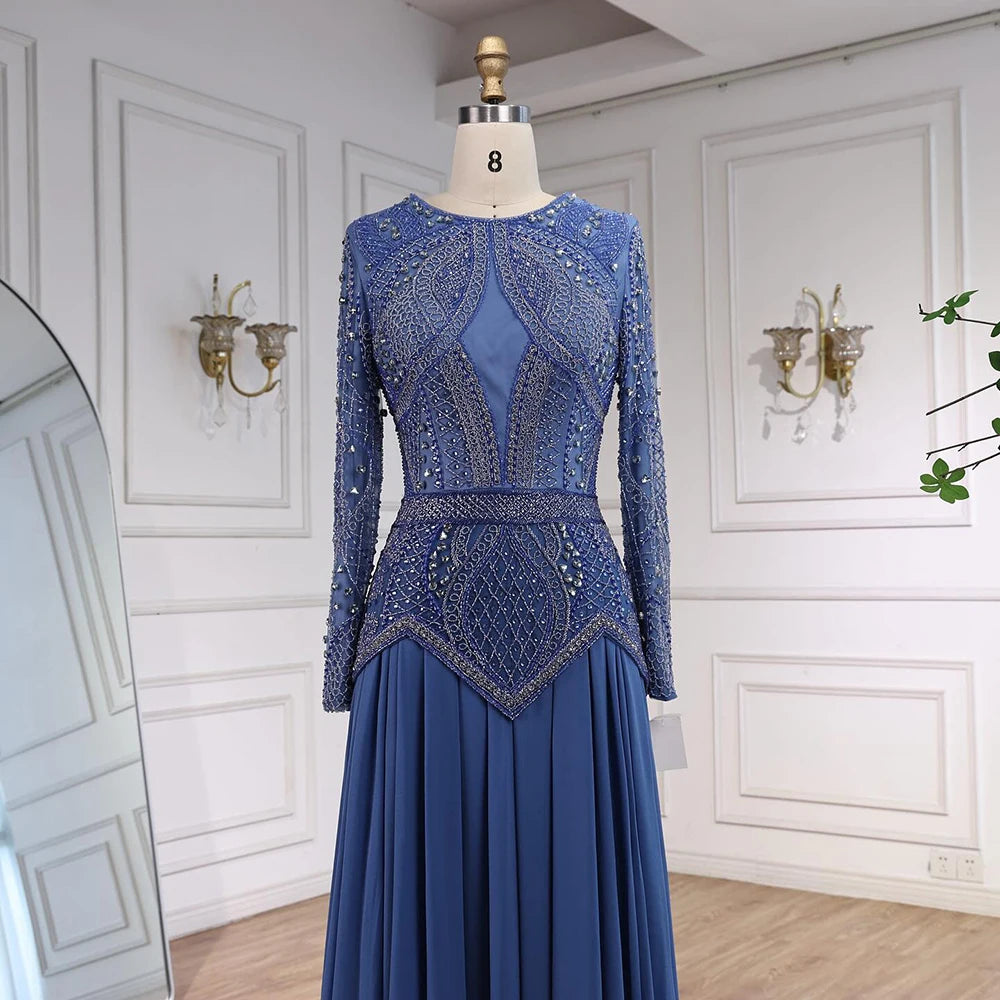 Luxury Designer  Blue Beaded Evening Dress with Long Sleeves LA72962