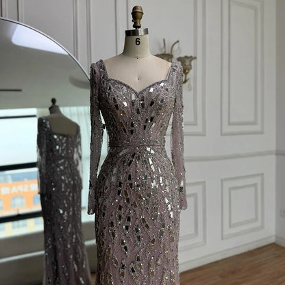 Luxury Black Silver Sequin Long Sleeve Mermaid Evening Dress LA73113