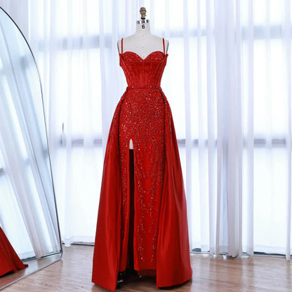 Luxury Red Beaded High Slit Evening Gown with Overskirt LA72936