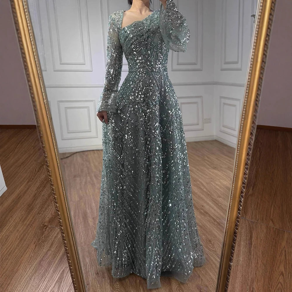 Luxury Turquoise Beaded A-Line Evening Dress with Puffy Sleeves LA73177