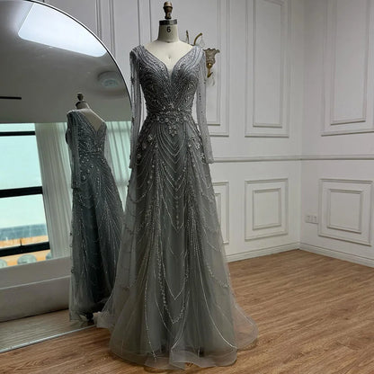 Luxury Pink Beaded A-Line Evening Dress 2025 with V Neck & Long Sleeves LA73114