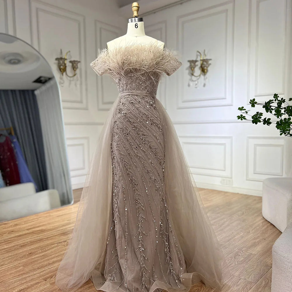 Luxury Dubai  Saudi Arabic Beaded Caramel Mermaid Elegant Evening Dresses Gowns with Overskirt for Formal Occasion LA71634A
