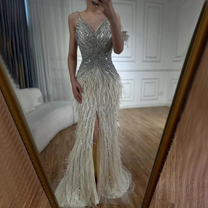 Luxury Classy blue Feathers Beaded Mermaid Prom Dress with Split LA70623
