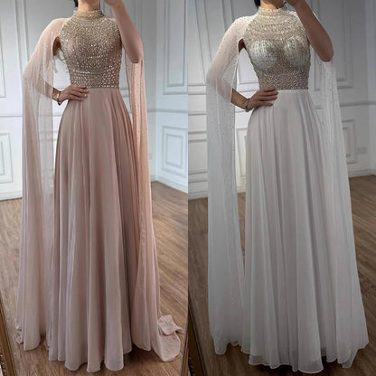 Luxury Caramel Chiffon Beaded Evening Dress with Cape LA73144
