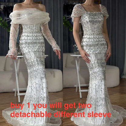 Luxury White Mermaid Beaded Evening Dress with Short Sleeves LA72714