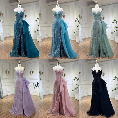 Spaghetti Straps Sage Green Mermaid Evening Dress with Overskirt LA72378