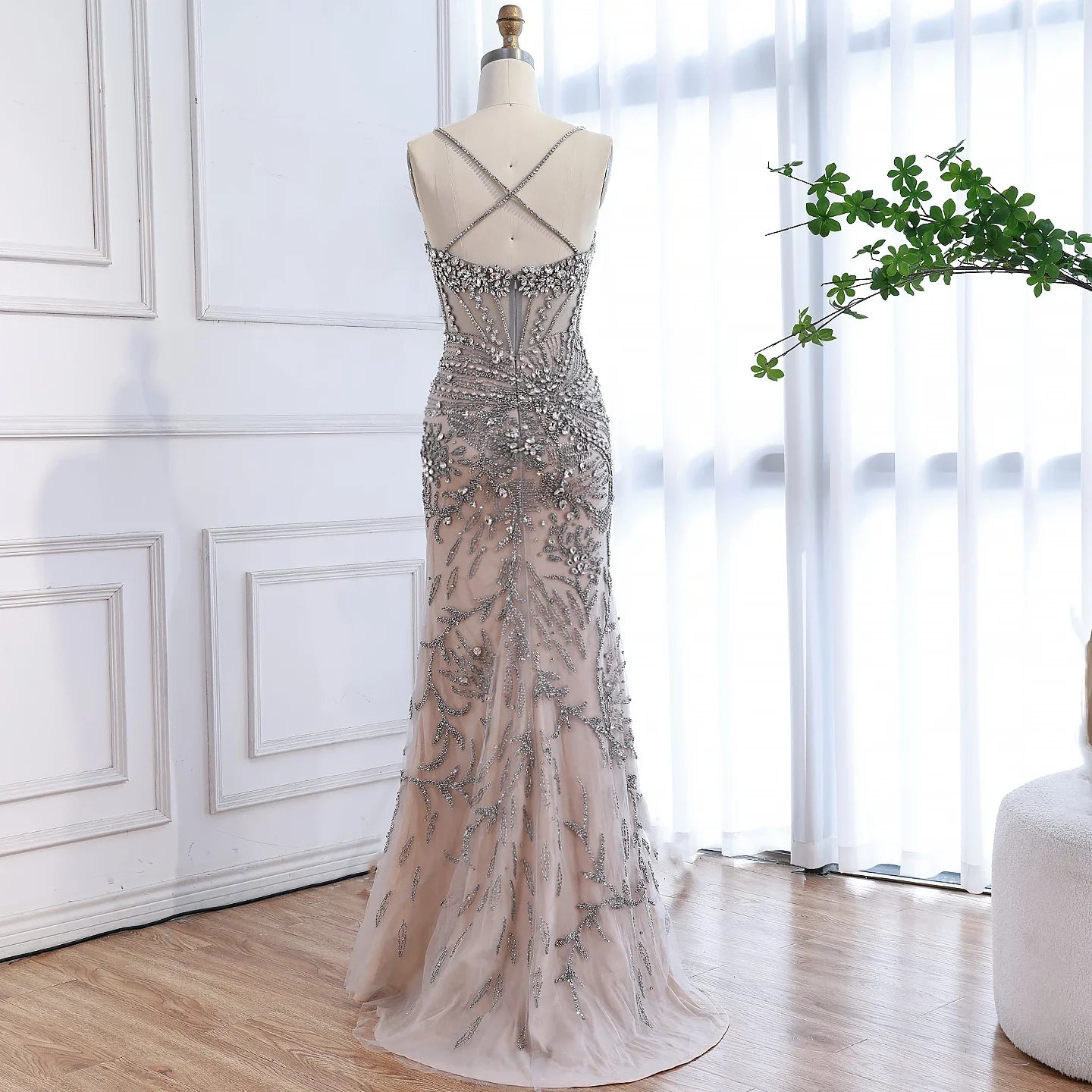 Luxury Evening Dress Grey Beaded With Cape Prom Gown LA73342