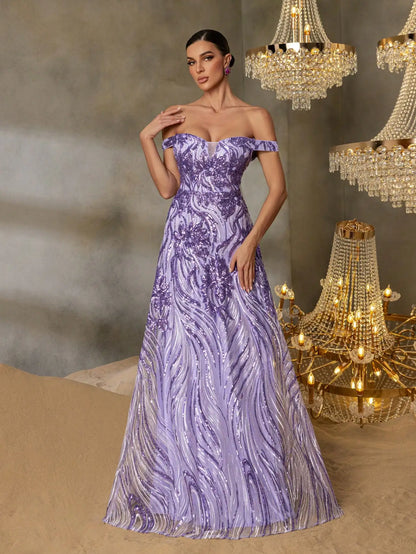 Luxury Lilac Sequin A-Line Evening Dress Off-Shoulder LA73261