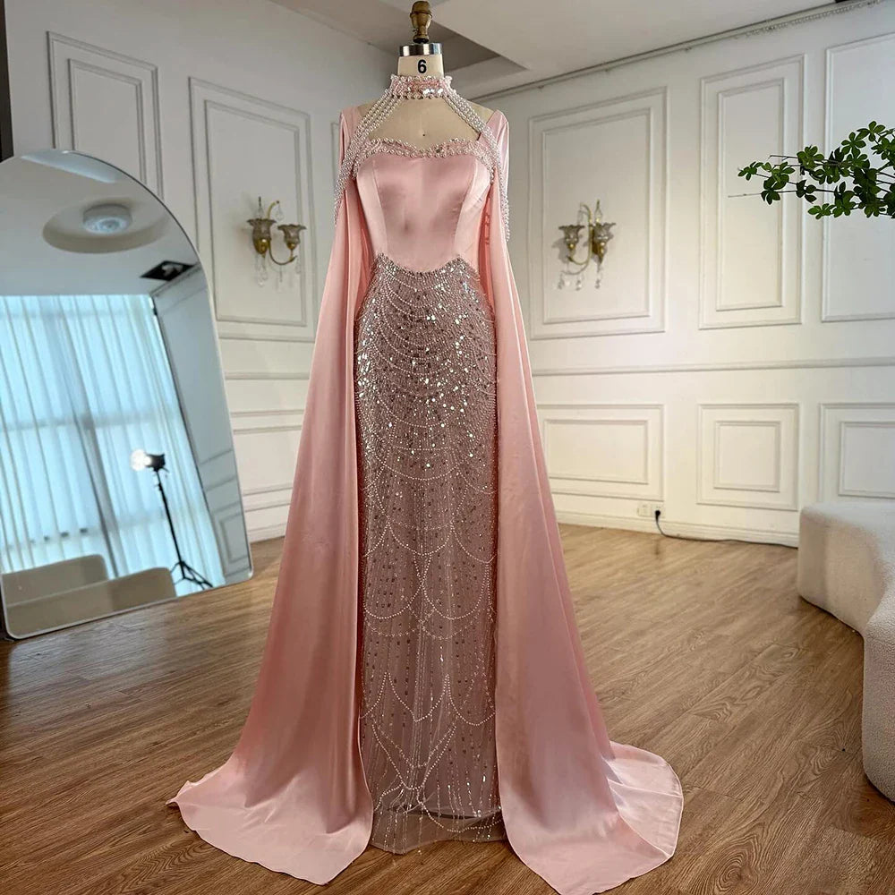 Luxury Arabic Pearls Pink Evening Dress with Cape LA73051