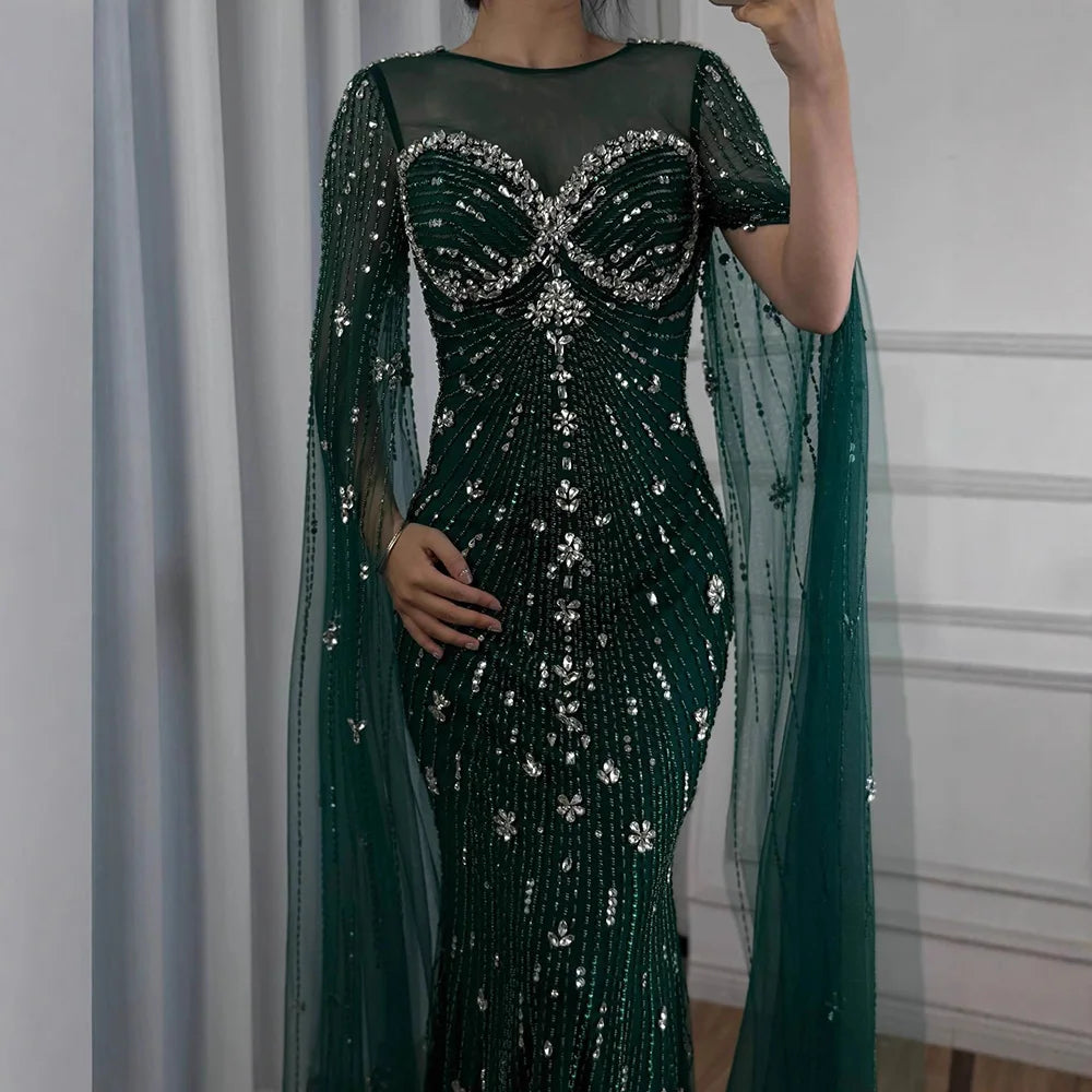 Luxury Green Beaded Mermaid Dress with Cape Sleeves LA73115