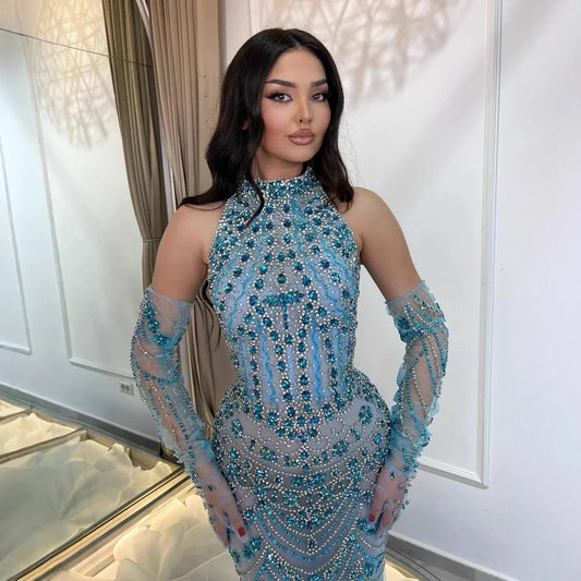 Luxury Dubai Arabic Blue Beaded Evening Dress with Gloves LA72760A