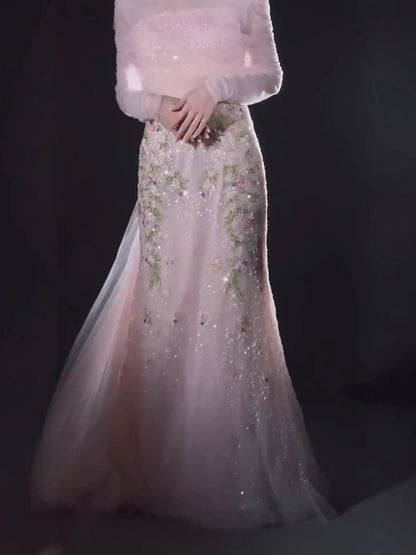 Luxury Pink Beaded Mermaid Evening Dress with Sheer Cape LA73346