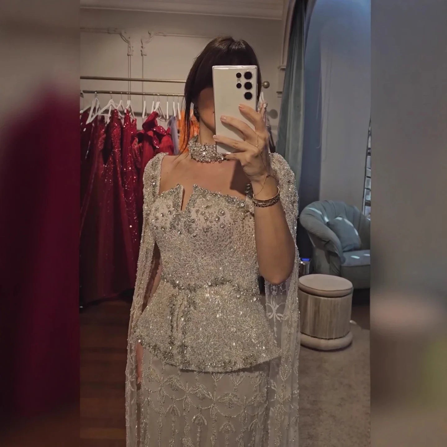 Luxury Silver Dubai Crystal Beaded Evening Dress with Cape LA73274