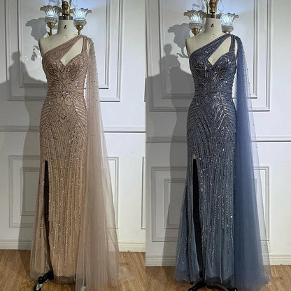 Luxury Caramel Beaded Mermaid Evening Dress with One Shoulder Cape LA73085