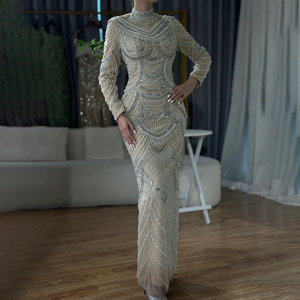 Muslim Nude Elegant Mermaid High Split Beaded Luxury Evening Dress Gown LA72091L