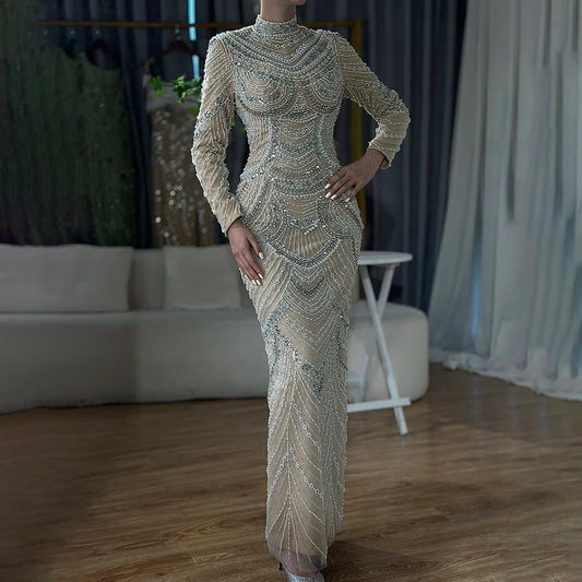 Muslim Nude Elegant Mermaid High Split Beaded Luxury Evening Dress Gown LA72091L