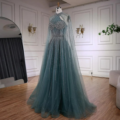 Luxury Beaded A-Line Evening Dress with Cape Sleeves LA73054