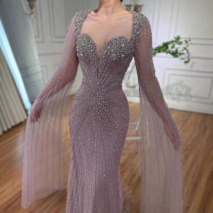 Luxury Caramel Crystal Beaded Mermaid Evening Dress with Cape LA72575D