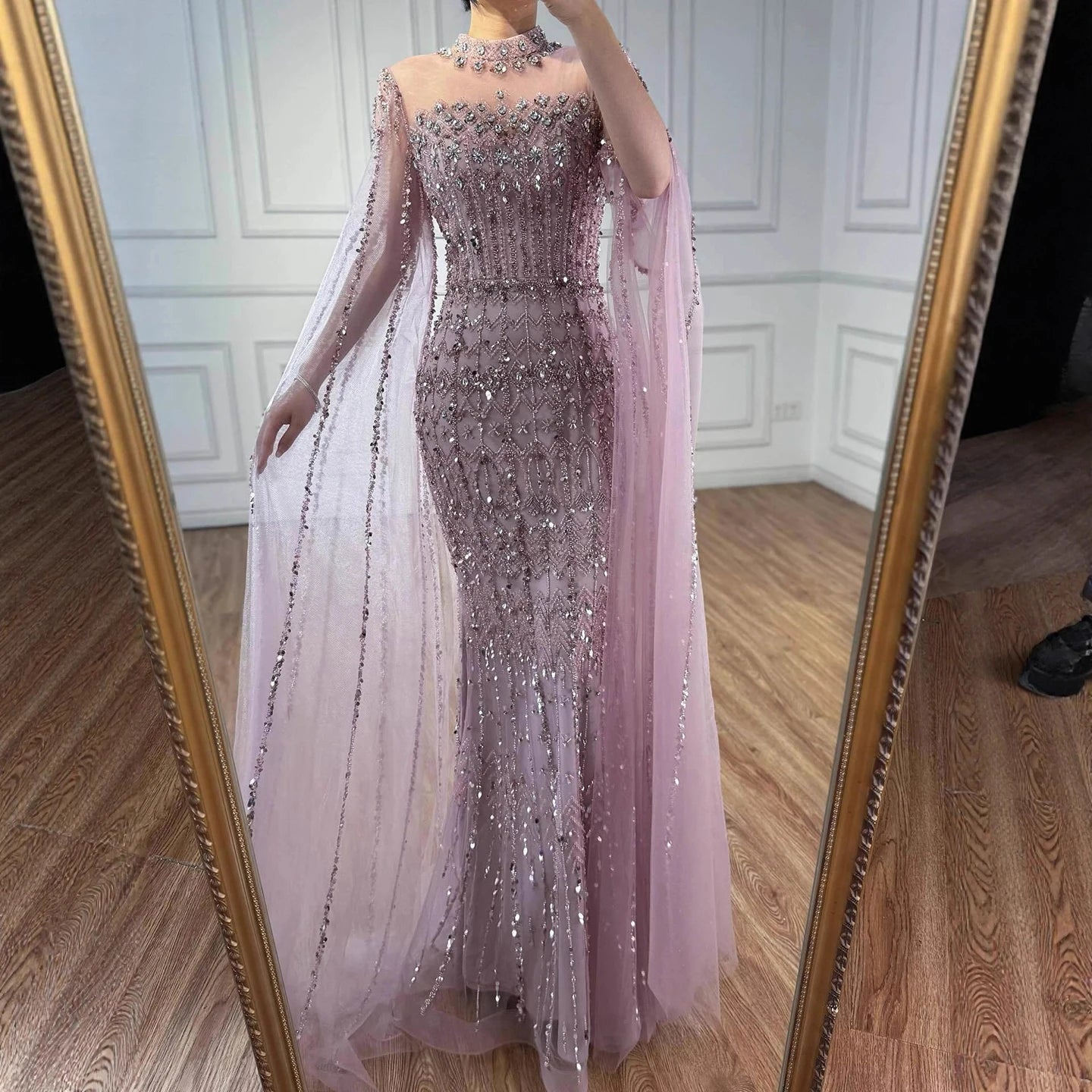 Luxury Nude Beaded Evening Dress with Long Cape Sleeves LA72714A