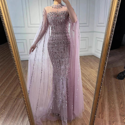 Luxury Nude Beaded Evening Dress with Long Cape Sleeves LA72714A