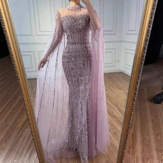 Luxury Nude Beaded Evening Dress with Long Cape Sleeves LA72714A