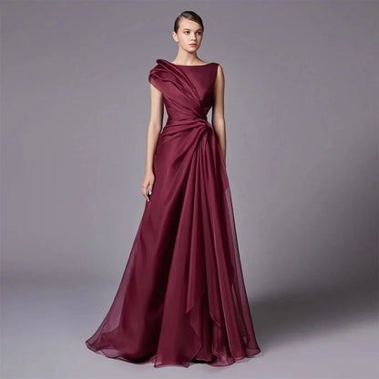 Burgundy Elegant A-Line Evening Dress with Draped Shoulder LA72944