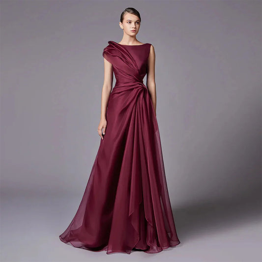 Burgundy Elegant A-Line Evening Dress with Draped Shoulder LA72944