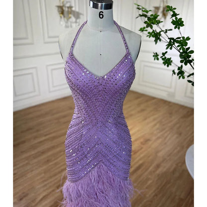 Lilac Feather Halter Mermaid Luxury Dubai Evening Dress LA72056