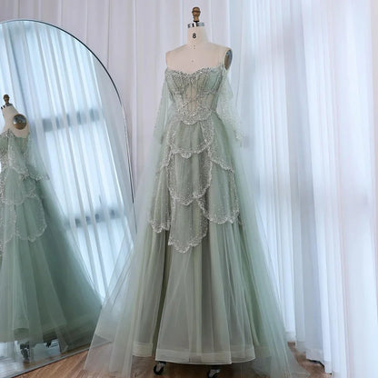 Luxury Arabic Sage Green Beaded A-Line Evening Dress with Cape LA72605A