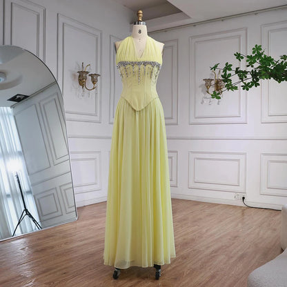Luxury Designer Sage Green Chiffon Halter Beaded   Evening Dress LA73074