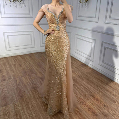 فستان سهرة وردي مطرز من سيرين هيل مكشوف الكتفين LA73413