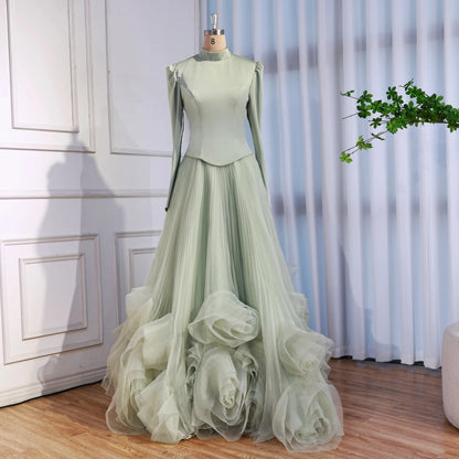 Luxury Sage Green Modest Muslim 3D Flower A-Line Evening Dress LA72913B