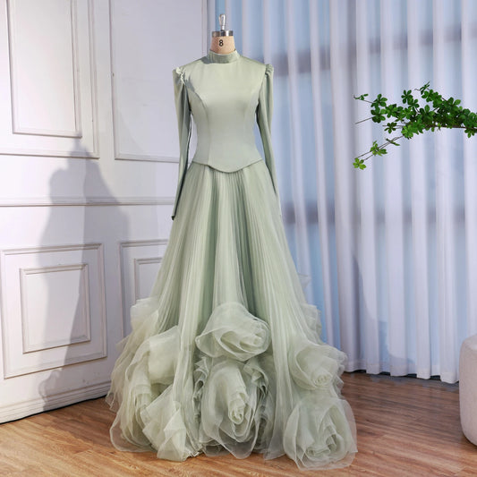 Luxury Sage Green Modest Muslim 3D Flower A-Line Evening Dress LA72913B