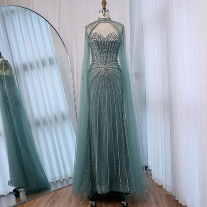 Nude Luxury Beaded Mermaid Evening Gown with Cape Sleeves LA72811A